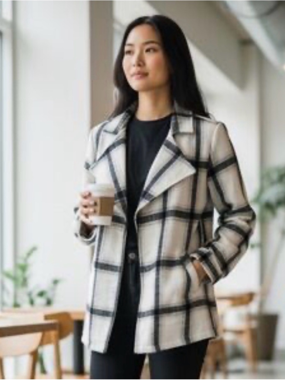 Ci Sono Cream and Black Plaid Blazer Jacket with Notched Lapel